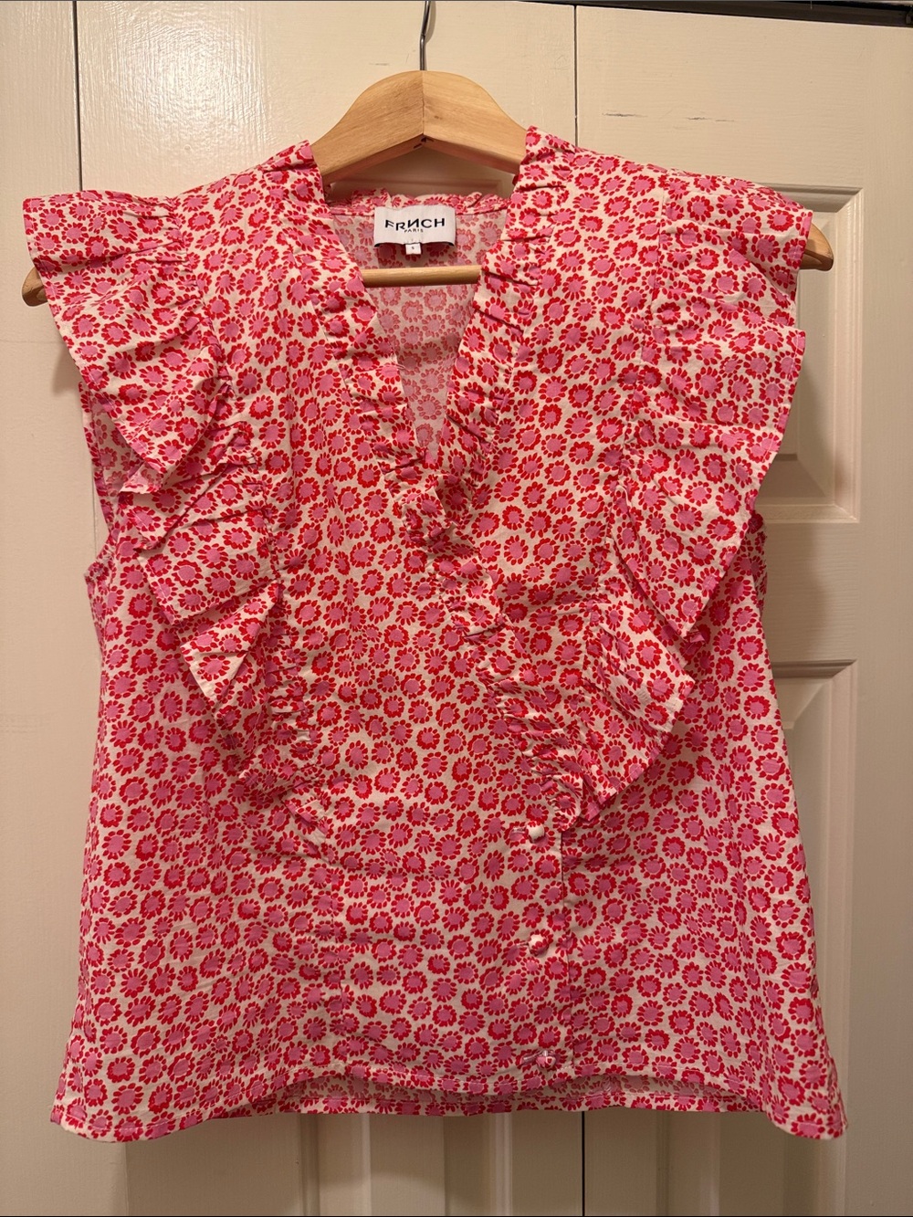 Frnch Paris Pink Floral Ruffle V-Neck Blouse